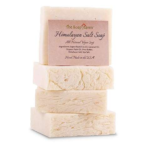 HIMALAYAN SALT SOAP BARS with Sea Salt & Shea Butter (4 Bars, 4.5oz each) - Handmade in USA with ALL NATURAL, NON-GMO, Unscented Ingredients.