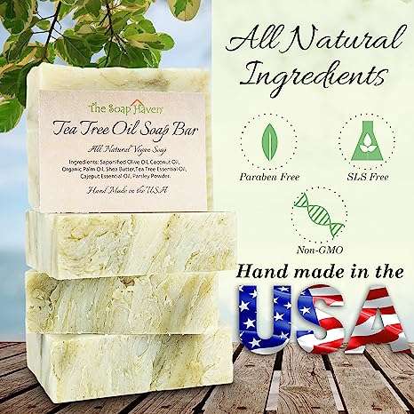 TEA TREE SOAP BAR - 4 Natural Tea Tree Oil Soap Bars for Face, Hand, Foot, Body Wash - Fights Acne, Itch, Body Odor. 4 Large 4.5 oz Bars, Handmade in USA with Non-GMO Ingredients