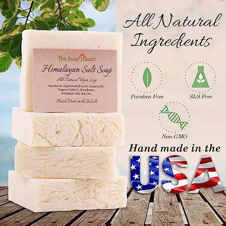 HIMALAYAN SALT SOAP BARS with Sea Salt & Shea Butter (4 Bars, 4.5oz each) - Handmade in USA with ALL NATURAL, NON-GMO, Unscented Ingredients.