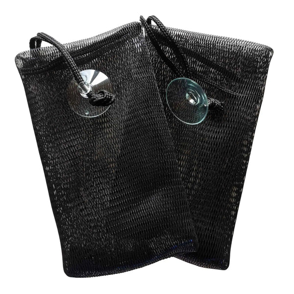 Front view of The Soap Haven black bamboo charcoal soap saver pouch with a black drawstring cord and a clear plastic suction cup for soap bars.