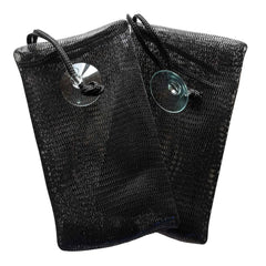 Front view of The Soap Haven black bamboo charcoal soap saver pouch with a black drawstring cord and a clear plastic suction cup for soap bars.