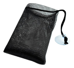 The Soap Haven black soap saver mesh bag with a black drawstring cord and a clear plastic suction cup for soap bar.